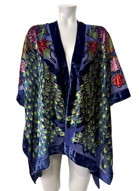 THE PYRAMID COLLECTION NAVY BLUE BURNOUT VELVET PEACOCK FLORAL KIMONO TOP O/S